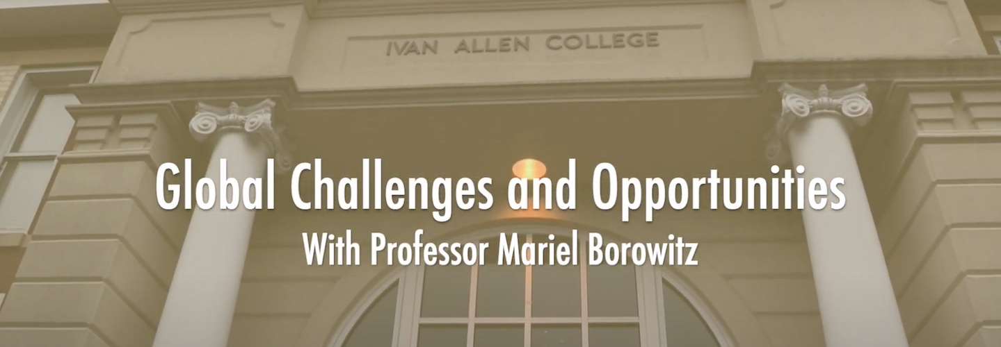 Text "Global Challenges and Opportunities with Professor Mariel Borowitz" overlaid on top of a gold-tinted picture of the Habersham Building.