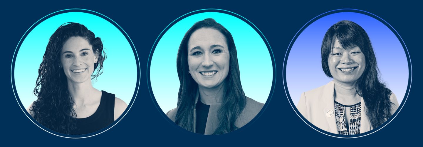 Headshots of Amira Choueiki Boland, Tara Murphy Dougherty, and Amy Phuong inside of circles. The circles are set against a navy blue background.