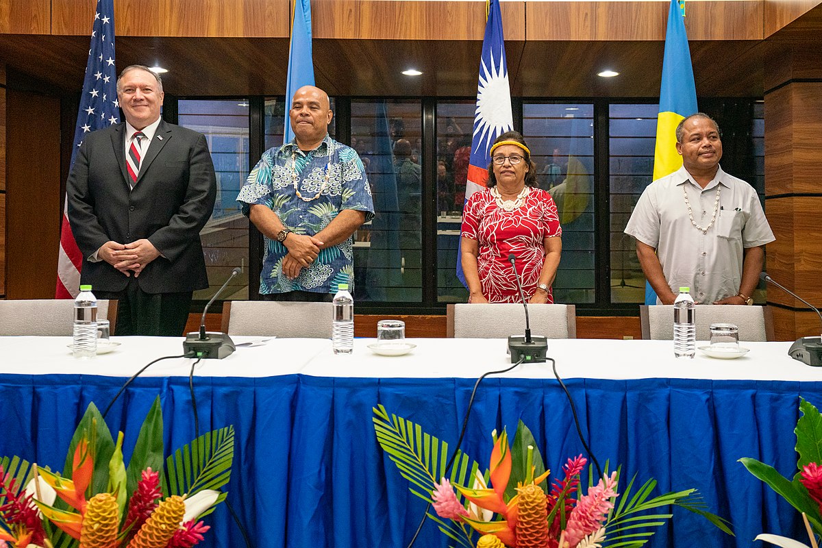 Representatives of the Compact states meeting in Kolonia, Micronesia, in August 2019. Left to right: U.S. Secretary of State Mike Pompeo, Micronesian President David Panuelo, Marshallese President Hilda Heine, and Palauan Vice President Raynold Oilouch