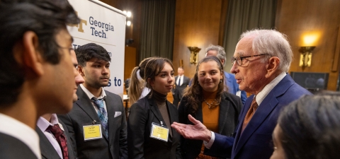 Former U.S. Sen. Sam Nunn speaks to students at the GTDC launch event in Washington on Oct. 25, 2023.