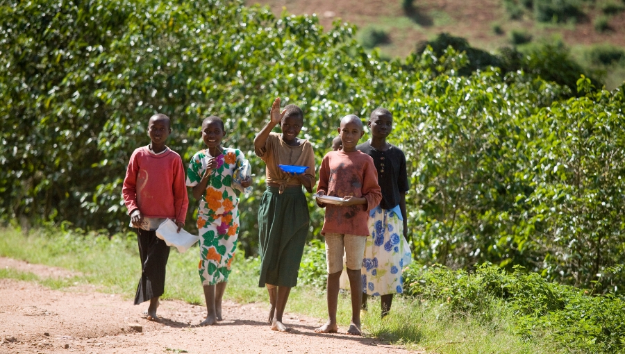 Group of African children walking together on a rural path surrounded by greenery.
